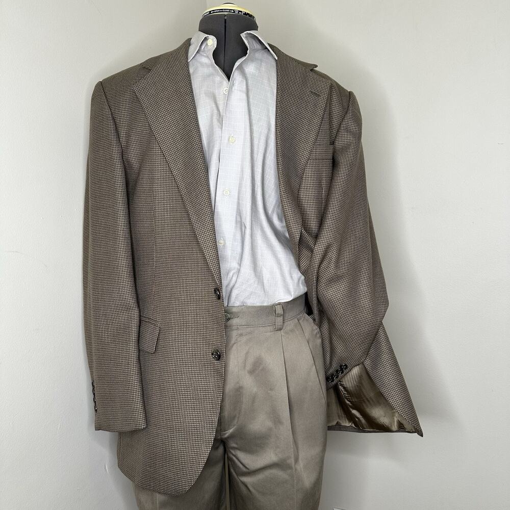Haggar 40L Blazer Brown Houndstooth Wool Blend Large Mens Sport Coat Suit Jacket